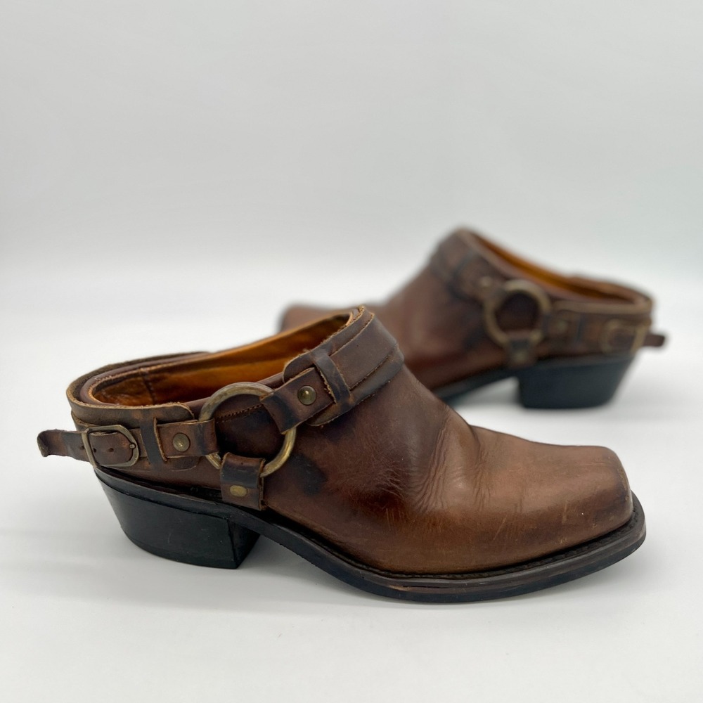 FRYE Harness Mule Brown Leather Clog Sz 8.5 Belted Slip On Western Moto SoleTech